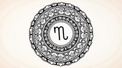 Scorpio zodiac sign animation with intricate mandala design spinning gently, astrology and horoscope video clip for social media and spiritual content