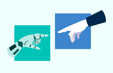 Robot hand touching human hand, cooperation between robotics and human illustration