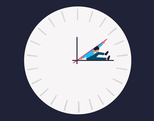 Man struck between clock hands, time management illustration