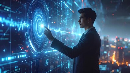 Futuristic Data Interaction: A Businessman Engaging with High-Tech Interface - Powered by Adobe