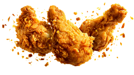 Three crispy fried chicken drumsticks exploding with crumbs in a dynamic, energetic composition perfect for food advertising and menus