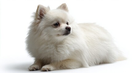 Obraz premium A fluffy white dog relaxes on a pristine white backdrop, radiating charm and innocence. Its soft fur and gentle expression evoke a sense of warmth and joy, perfect for any dog lover