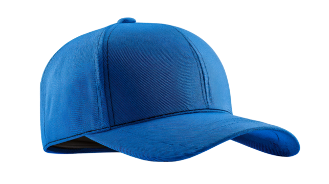 A studio view of a blue fabric baseball cap with a curved brim and stitched details, perfect for apparel mockups and accessory promotions.