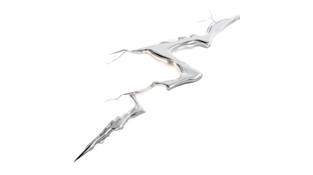 Liquid metal splash forming a dynamic crack shape with glowing interior, perfect for conveying impact, disruption, or fluid motion in futuristic and abstract visuals.