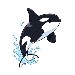 Fototapeta premium Illustration of an orca jumping out of the water with a splash effect on transparent background