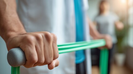 Therapy session focused on physical rehabilitation in a bright room with a trainer assisting a client