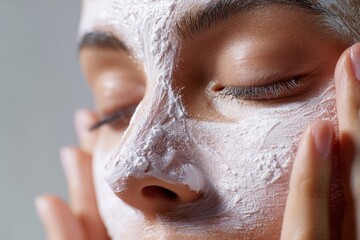 Young woman applies a face mask on skin during a self-care routine in a well-lit indoor space at home