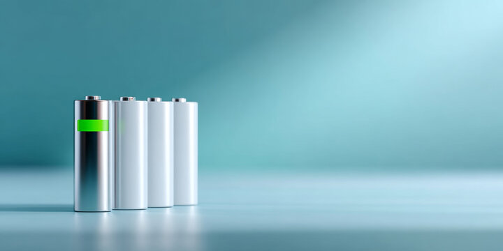 Four cylindrical batteries standing in a row with one battery showing a green charge indicator on a reflective surface with a blue gradient background - Powered by Adobe