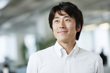 Fototapeta premium A confident man with a warm smile stands near a window in a sleek office during the day. Natural light shines through, creating an uplifting atmosphere for productivity