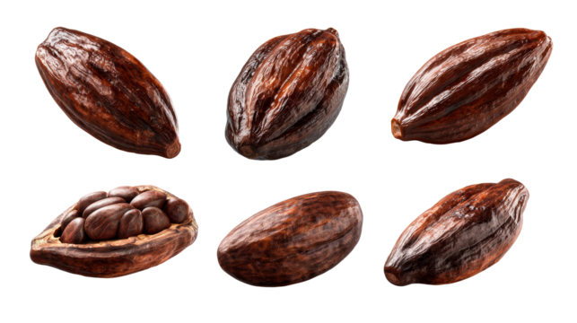 Collection of six realistic cocoa pods showcasing rich texture and variations, ideal for food ingredient marketing and natural product promotions