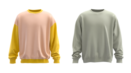 Two stylish crewneck sweatshirts displayed side by side, one in a peachy pink and yellow colorblock design, the other in a solid pale green, perfect for apparel mockups and fashion