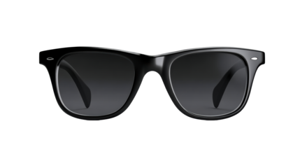 Stylish black wayfarer sunglasses with dark lenses presented on a white background, perfect for fashion photography and accessory advertisements.