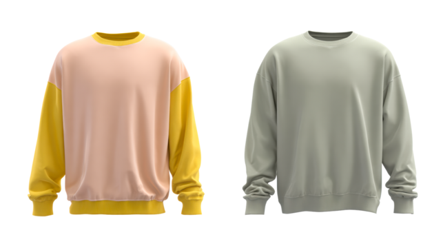 Two stylish crewneck sweatshirts displayed side by side, one in a peachy pink and yellow colorblock design, the other in a solid pale green, perfect for apparel mockups and fashion