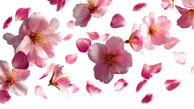 Delicate pink cherry blossom petals and flowers scattered in a gentle spring breeze, perfect for floral decorations and romantic themes. - Powered by Adobe