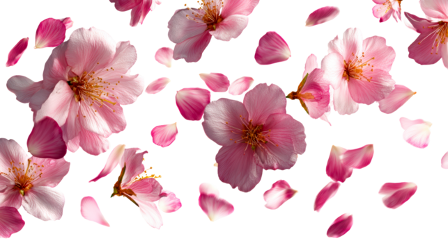 Delicate pink cherry blossom petals and flowers scattered in a gentle spring breeze, perfect for floral decorations and romantic themes.