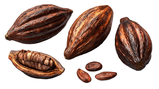 Collection of rich brown cocoa pods and beans, showcasing the raw ingredient for chocolate making, ideal for food and beverage marketing and natural product promotion.