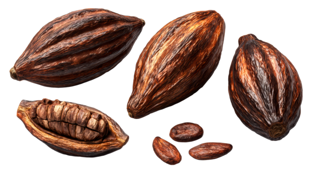 Collection of rich brown cocoa pods and beans, showcasing the raw ingredient for chocolate making, ideal for food and beverage marketing and natural product promotion.