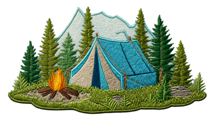 Embroidery patch of a cozy campsite with a tent, campfire, pine trees, and mountains, perfect for outdoor adventure themed projects and apparel.