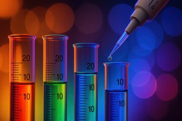 Vibrant laboratory scene with test tubes filled with colored liquids and a pipette, representing scientific research, precision analysis, innovation, and modern experimental chemistry.