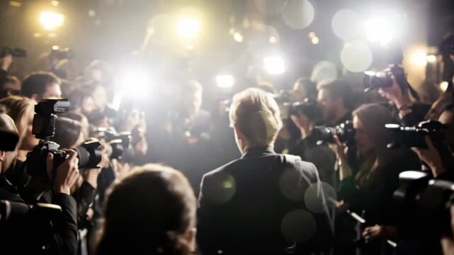 Flashing cameras capturing celebrity moment in vibrant event.