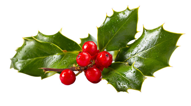 Fresh sprigs of holly with bright red berries and glossy green leaves speckled with water droplets, perfect for seasonal promotions and holiday greetings - Powered by Adobe