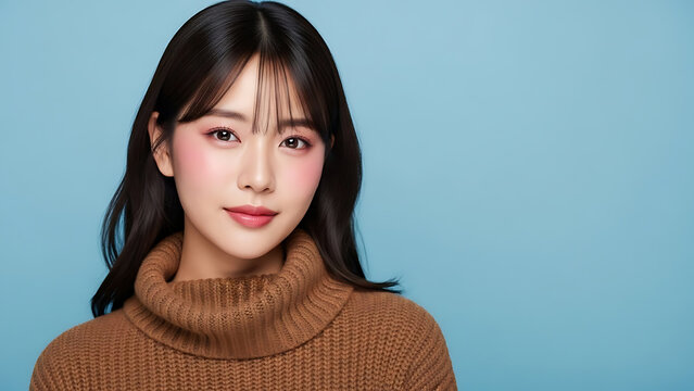 Portrait of a radiant young Asian woman with a gentle smile, wearing a cozy brown turtleneck sweater, exuding warmth and approachability against a serene blue background