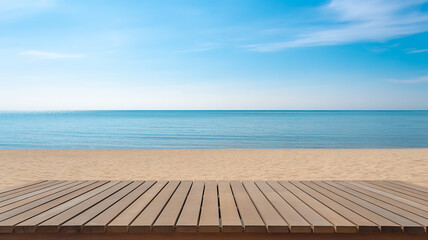 Seascape view from wooden deck with sand beach and blue sky summer vacation background for product display
