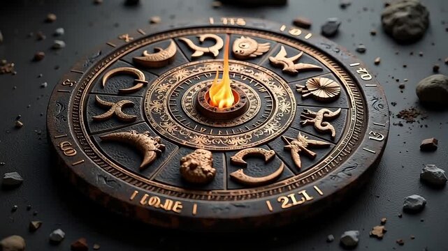 Ancient zodiac wheel with burning flame, mystical astrology video sequence for spiritual seekers and horoscope enthusiasts unraveling cosmic secrets