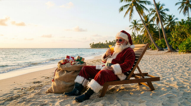 Santa Claus enjoying the beach during the summer while drinking juice - Papai Noel aproveitando a praia durante o verão enquanto toma um suco - Powered by Adobe
