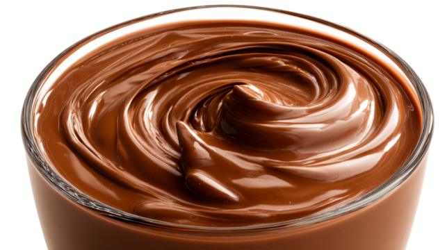 Smooth, luscious chocolate spread swirled in a glass, perfect for decadent dessert recipes, sweet snacks, and food advertising campaigns.