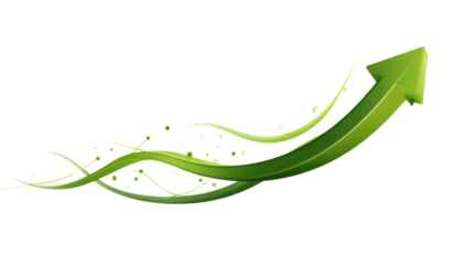 Green arrow symbolizing growth and success rising upwards amidst abstract green waves and particles, perfect for business and finance concepts.