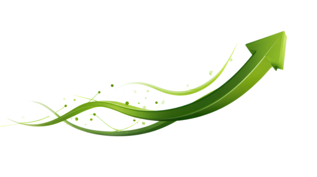 Green arrow symbolizing growth and success rising upwards amidst abstract green waves and particles, perfect for business and finance concepts.