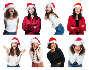 PNG Joyful women wearing Santa hats, element set on transparent background
