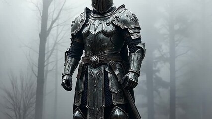 A dark fantasy knight in full metal armor. Standing stoically in a mysterious foggy forest. Epic medieval warrior character for a cinematic game concept - Powered by Adobe