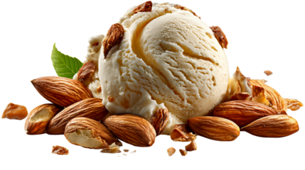 Creamy vanilla ice cream scoop surrounded by whole and broken almonds and sweet caramel pieces, perfect for dessert or confectionery advertising and food blogs.