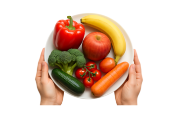 Fresh Colorful Vegetables Arranged on Plate Held by Hands Isolated on a Transparent Background