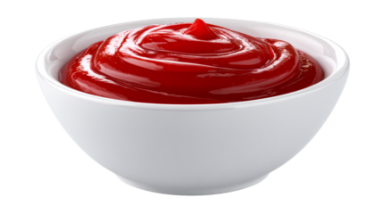 A white ceramic bowl filled with glistening red tomato ketchup, perfect for food photography, culinary presentations, or recipe content creation.