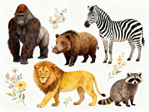 Illustration of various animals including a gorilla, zebra, lion, raccoon, and boar with floral elements