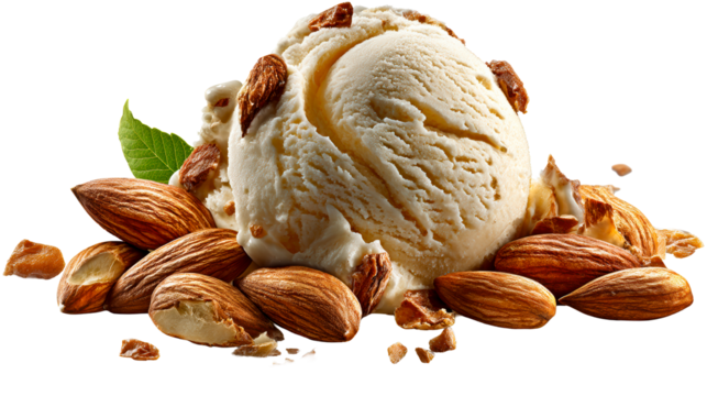 Creamy vanilla ice cream scoop surrounded by whole and broken almonds and sweet caramel pieces, perfect for dessert or confectionery advertising and food blogs.