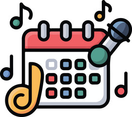 Vector icon of a spiral notebook with a microphone and a scroll, symbolizing event planning or content creation