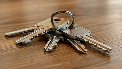 Shiny metal house keys on a key ring resting on a wooden table. Buying a new home or property. Real estate and security concept - Powered by Adobe