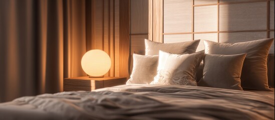Cozy bedroom scene with soft lighting and comfortable pillows on a made bed