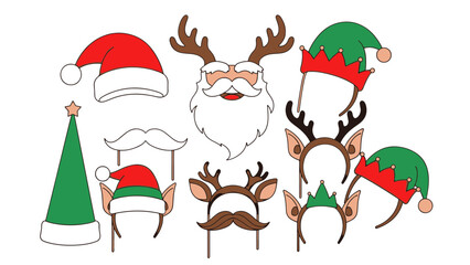 Fun festive Christmas photo booth props Santa hats, elf ears, reindeer antlers, and mustaches for holiday parties