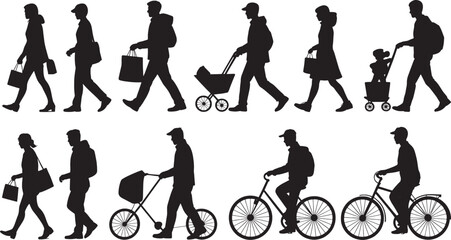 Silhouettes of people walking with strollers bicycles and shopping bags woman child