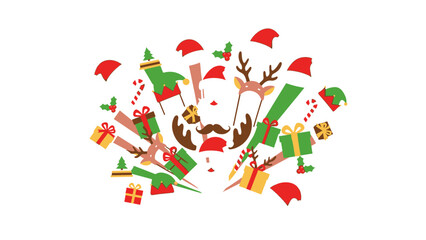 Playful illustration featuring an energetic burst of traditional Christmas and holiday season symbols for festive designs