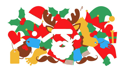 Festive and colorful flat illustration capturing the joy of Christmas with Santa, reindeer, gifts, and winter holiday elements