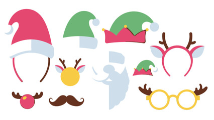 Fun festive Christmas and holiday party props illustration for celebration events, featuring Santa, elf, and reindeer costume accessories perfect for joyful gatherings