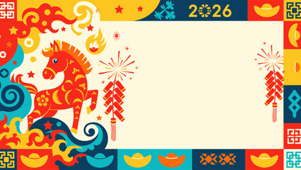 Dynamic Chinese New Year 2026 design featuring a spirited zodiac horse amidst fireworks and auspicious patterns, ideal for festive greetings