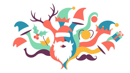 Whimsical and colorful holiday illustration featuring an abstract collection of festive Christmas elements and joyful symbols