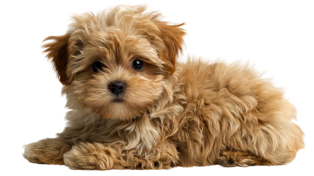 Adorable fluffy goldendoodle puppy resting and looking at camera with soft fur, perfect for pet care products or animal themed campaigns